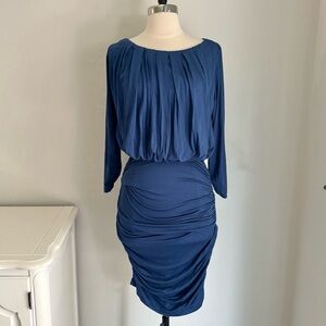 Max Studio Blue Jersey Pleated Shirred Blouson Dress, Medium NWT